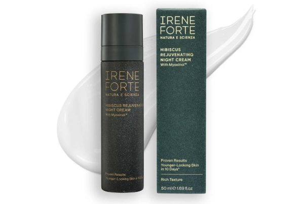 Hibiscus rejuvenating night cream by Irene Forte, featuring a pump bottle and box, promises younger-looking skin in 10 days.