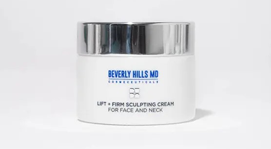 Beverly Hills MD Lift + Firm sculpting cream for face and neck in a white jar with a silver lid.